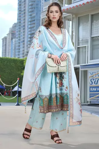 Sky blue color linen digital printed readymade suit for trendy looks