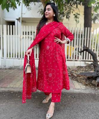 Red color rayon fabric printed ethnic partywear suit 1