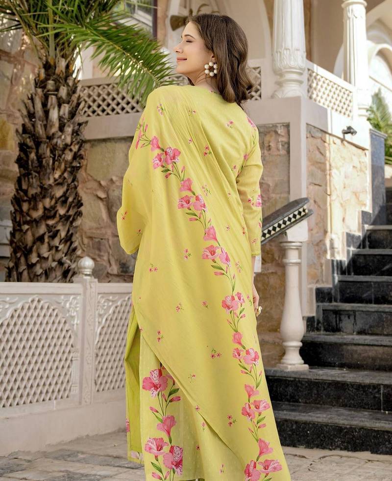 Lemon color chanderi butti fabric designer printed ethnic partywear suit
