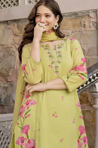 Lemon color chanderi butti printed partywear suit