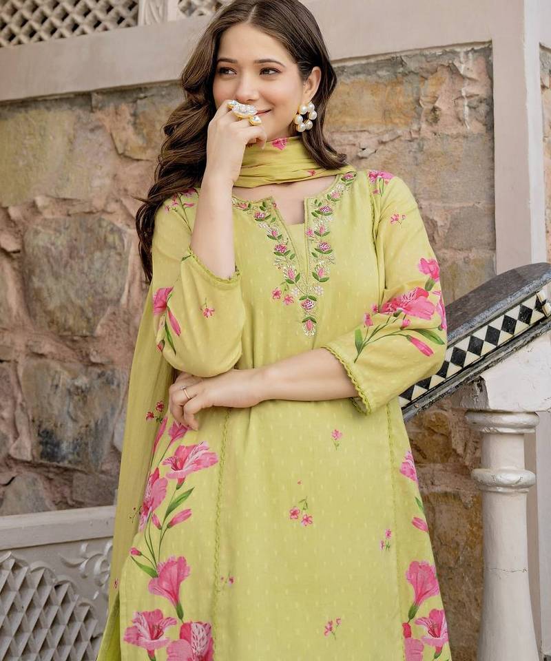 Lemon color chanderi butti fabric designer printed ethnic partywear suit