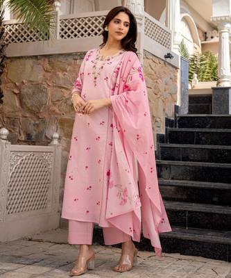 Pink color chanderi butti printed partywear suit 4