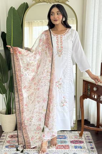 Off white color rayon fabric designer printed ethnic partywear suit
