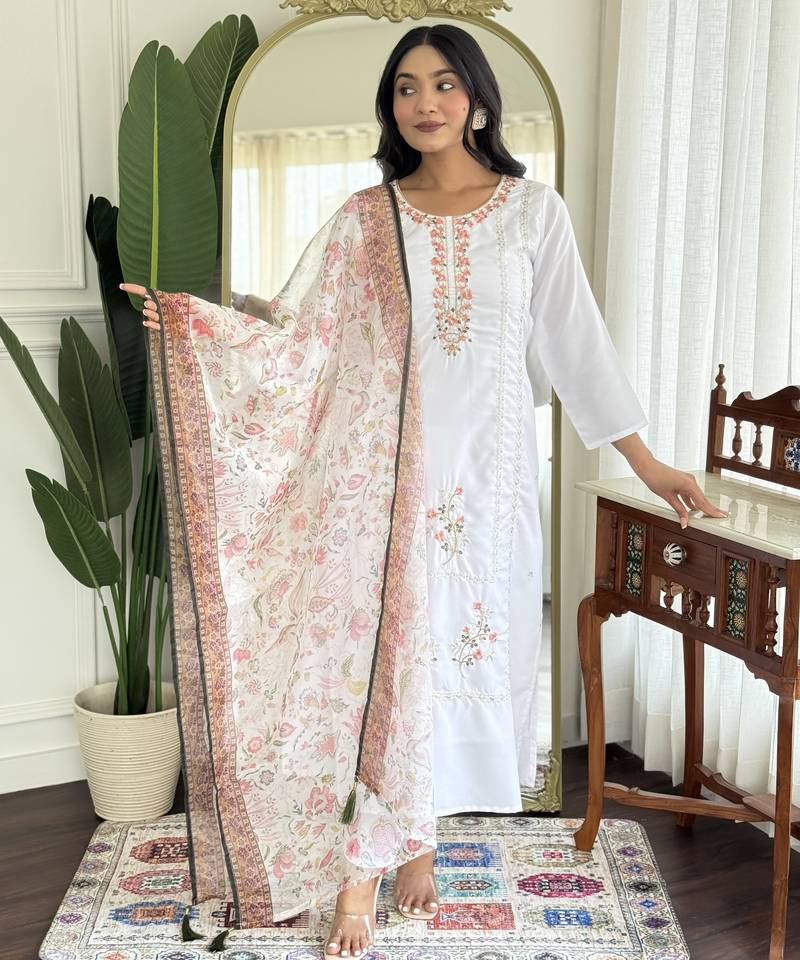 Off white color rayon fabric designer printed ethnic partywear suit