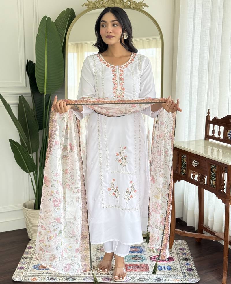Off white color rayon fabric designer printed ethnic partywear suit