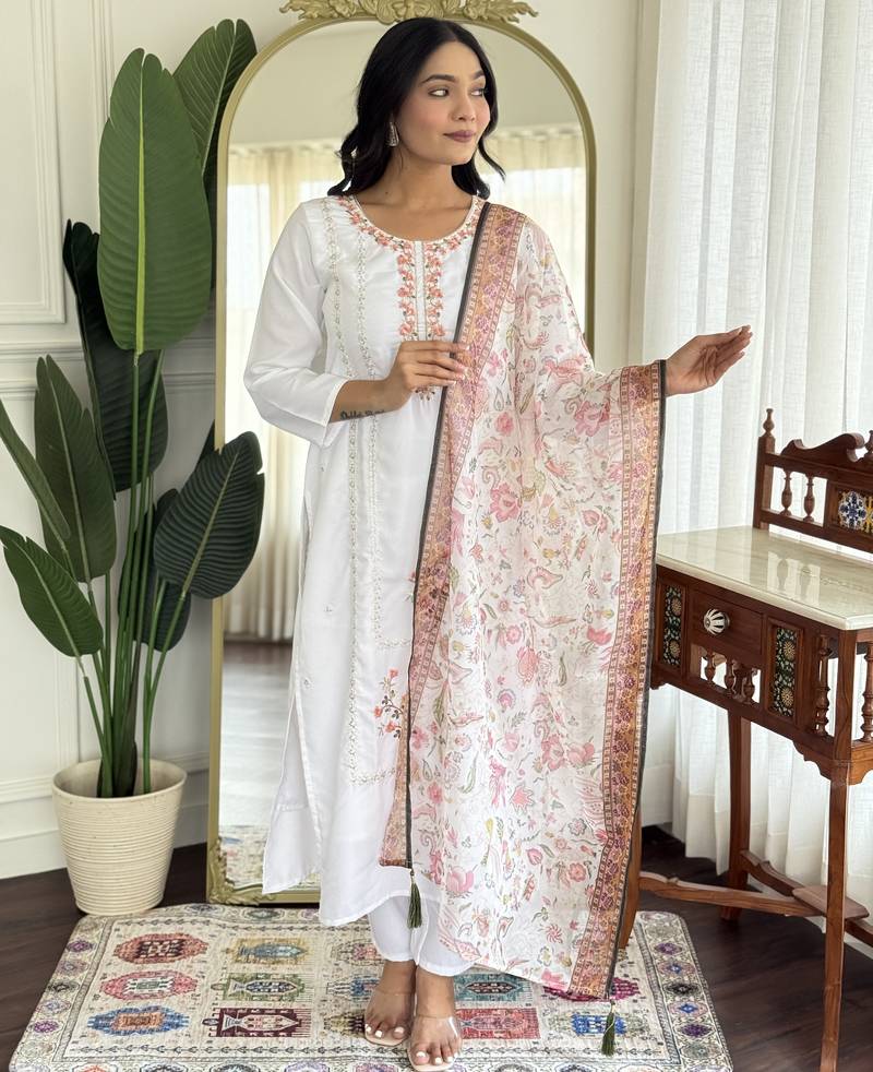 Off white color rayon fabric designer printed ethnic partywear suit