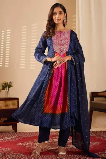 Blue color chinon fabric designer printed ethnic partywear suit