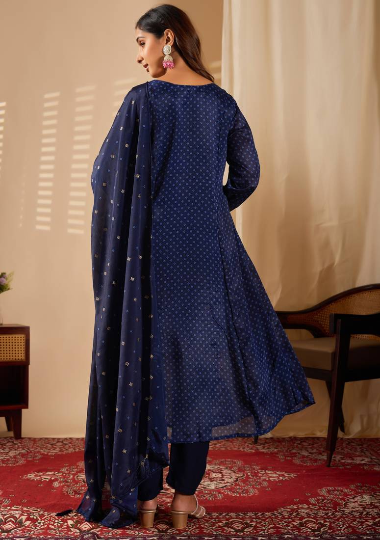 Blue color chinon fabric designer printed ethnic partywear suit