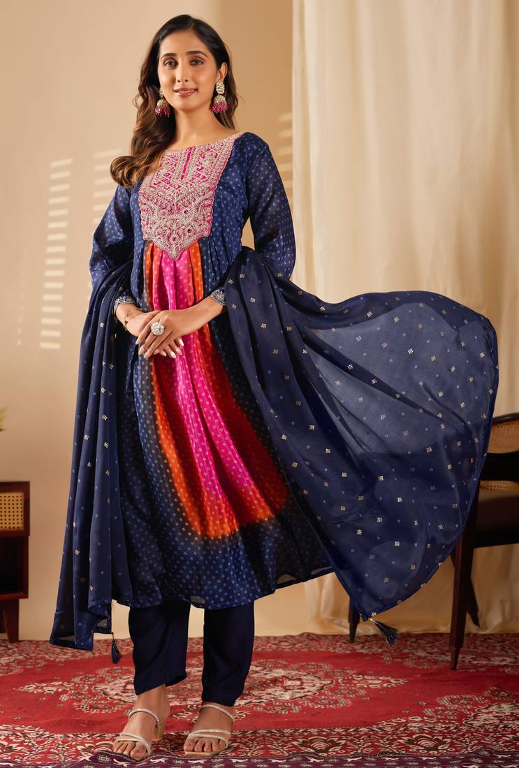 Blue color chinon fabric designer printed ethnic partywear suit