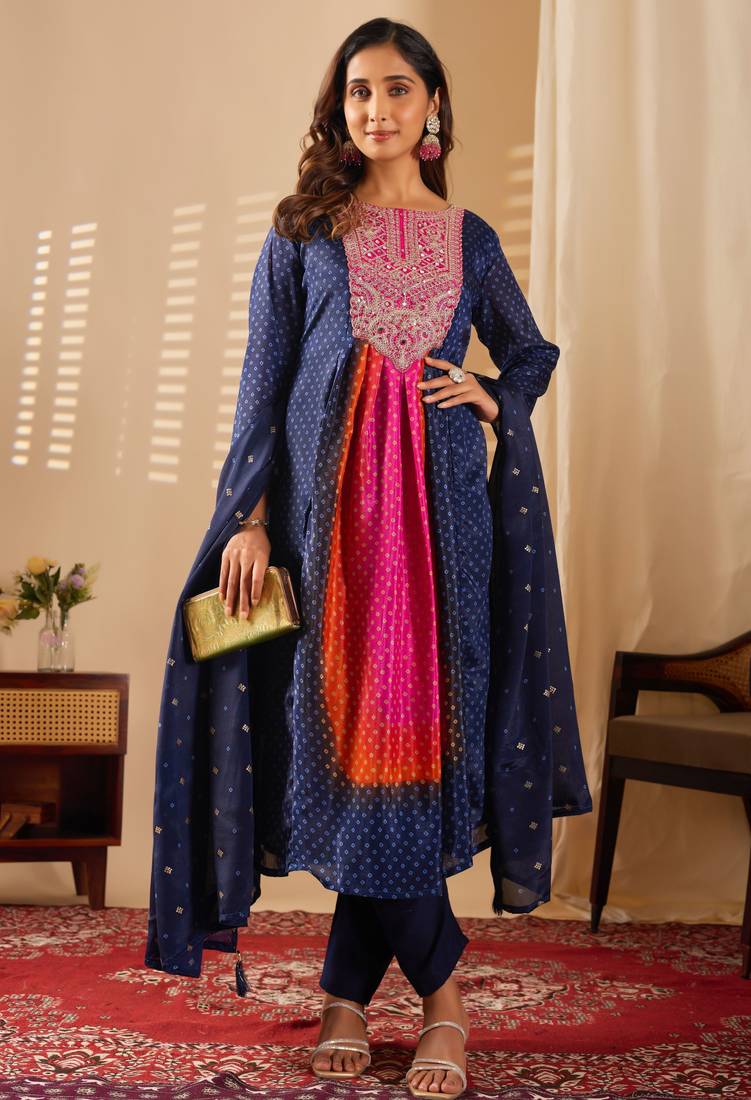 Blue color chinon fabric designer printed ethnic partywear suit