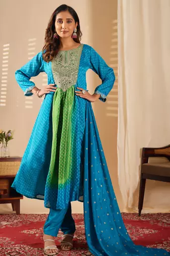 Sea green color chinon fabric designer printed ethnic partywear suit