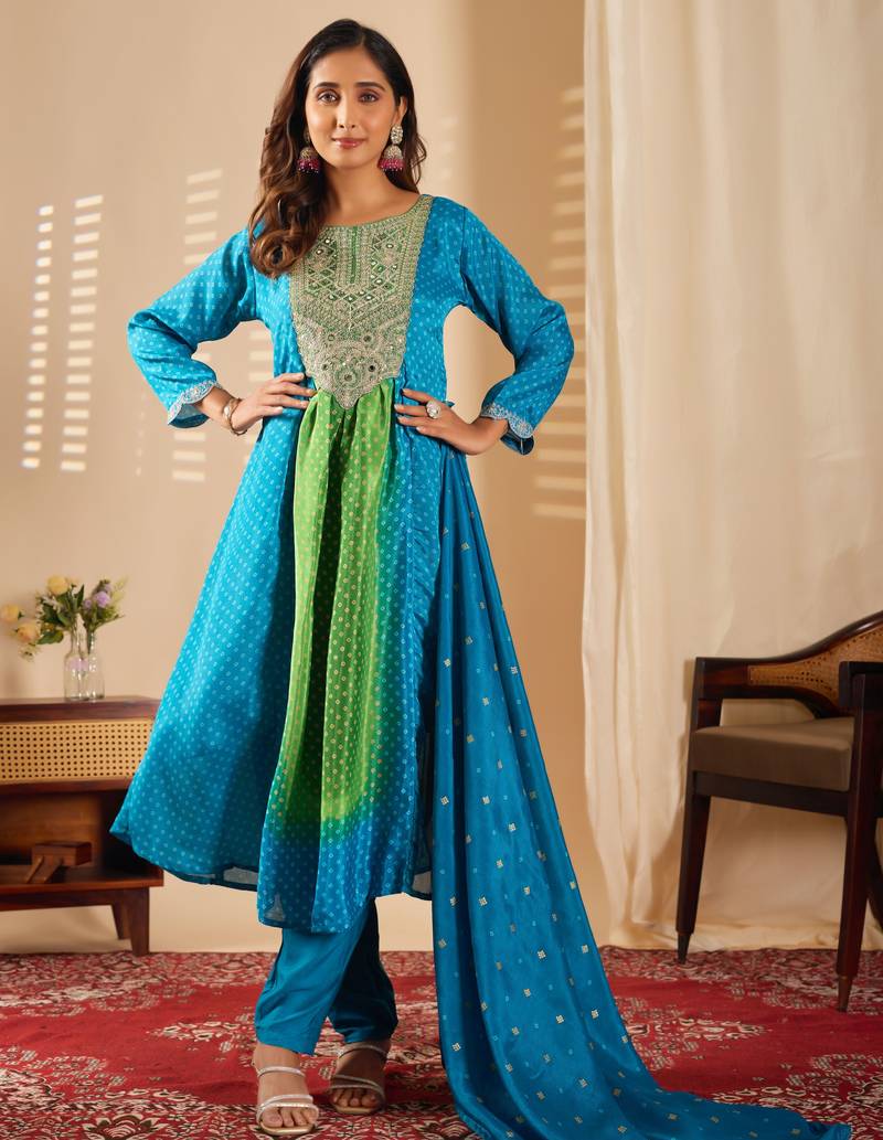 Sea green color chinon fabric designer printed ethnic partywear suit