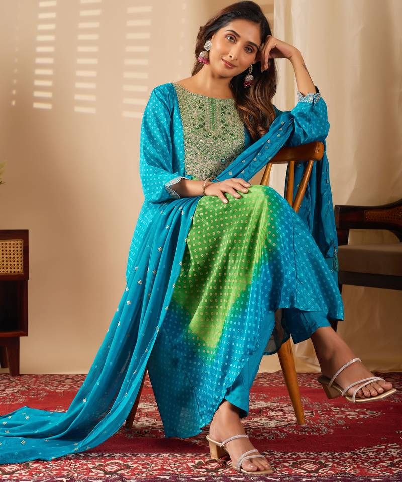 Sea green color chinon fabric designer printed ethnic partywear suit