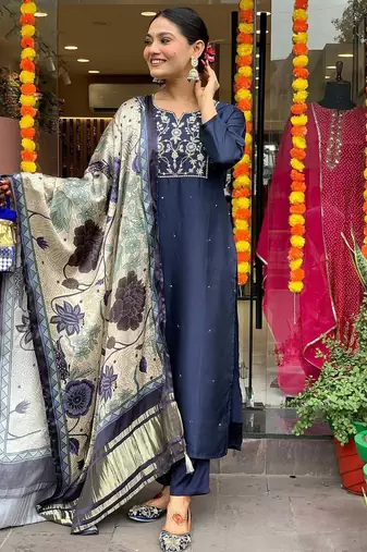 Navy blue color viscose chanderi fabric designer printed ethnic partywear suit