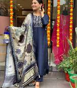 Navy blue color viscose chanderi fabric designer printed ethnic partywear suit