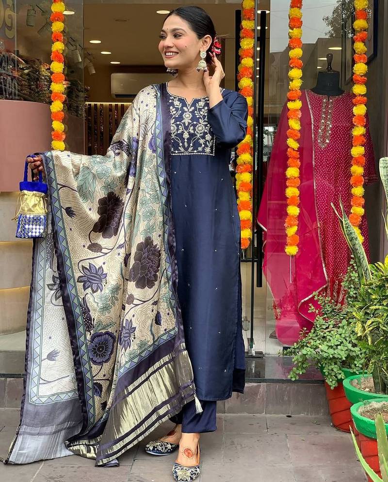 Navy blue color viscose chanderi fabric designer printed ethnic partywear suit