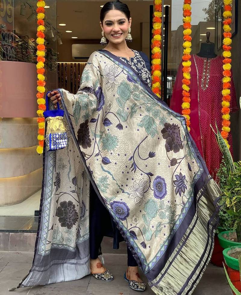 Navy blue color viscose chanderi fabric designer printed ethnic partywear suit