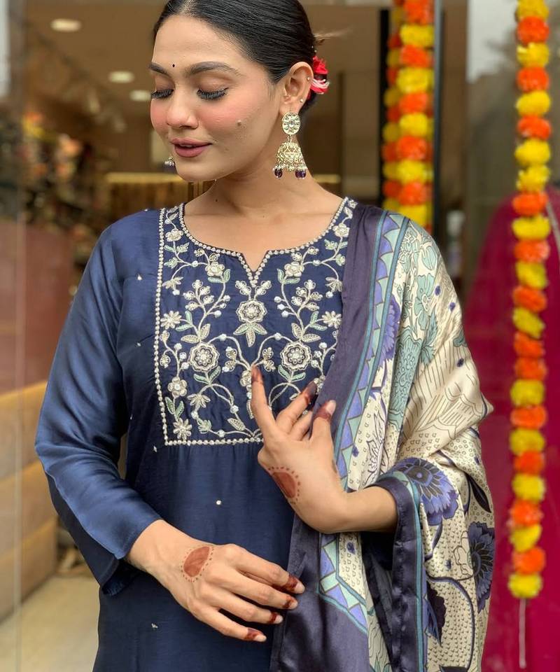 Navy blue color viscose chanderi fabric designer printed ethnic partywear suit