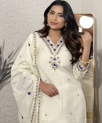 Cream color viscosee silk reaymade kurta set with dupatta 3