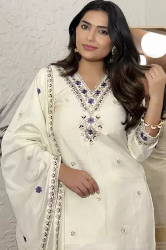 Cream color viscosee silk reaymade kurta set with dupatta