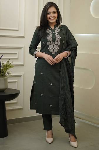 Green color rayon slub fabric ethnic reaymade kurta set with dupatta