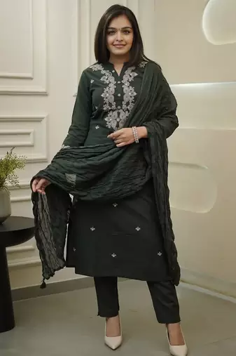 Green color rayon slub reaymade kurta set with dupatta