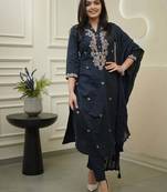 Blue color rayon slub fabric ethnic reaymade kurta set with dupatta