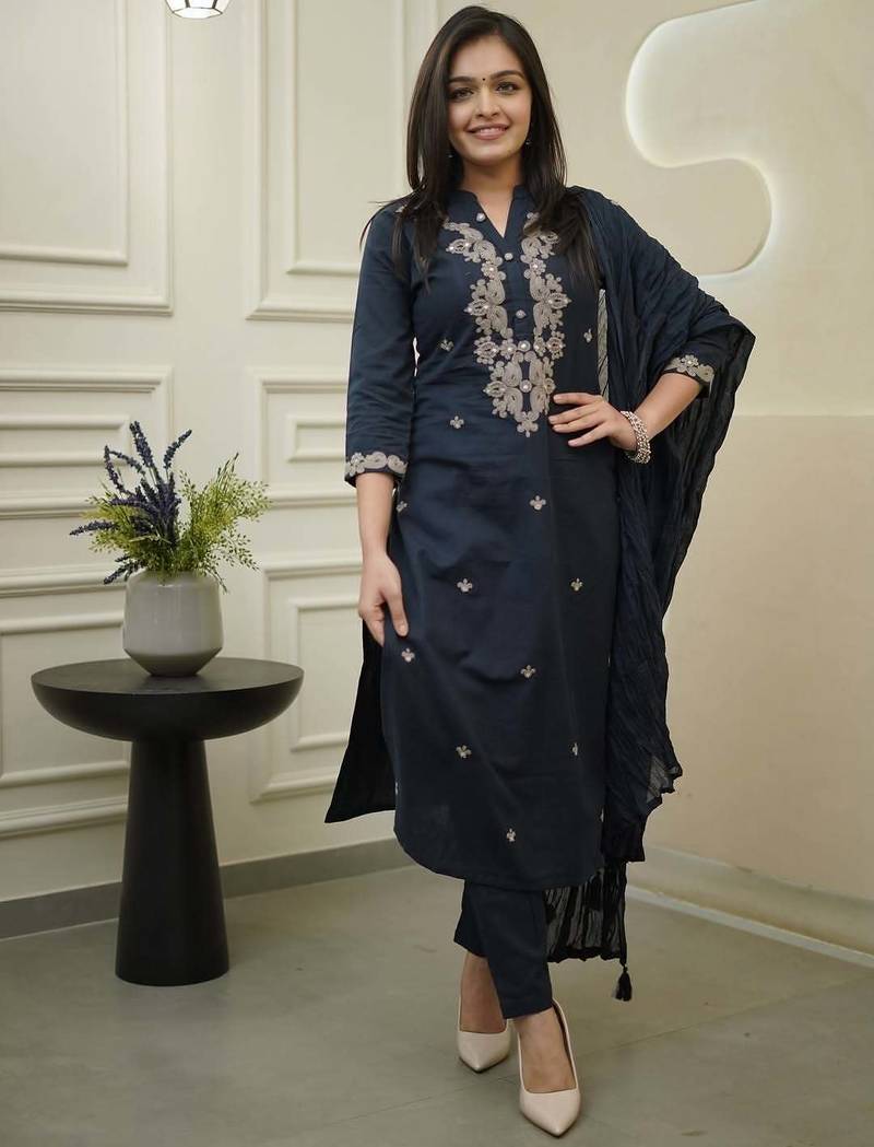 Blue color rayon slub fabric ethnic reaymade kurta set with dupatta