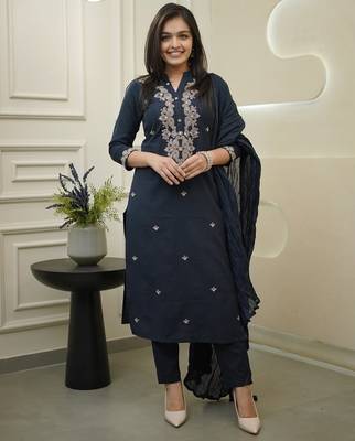 Blue color rayon slub reaymade kurta set with dupatta 2