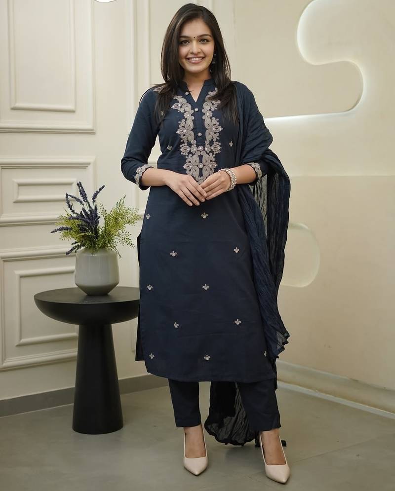 Blue color rayon slub fabric ethnic reaymade kurta set with dupatta