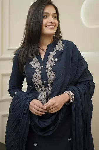 Blue color rayon slub reaymade kurta set with dupatta