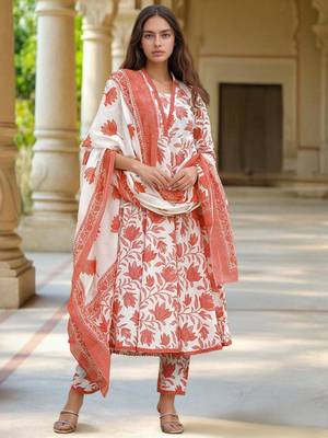 White color cotton slub fabric ethnic reaymade kurta set with dupatta 1