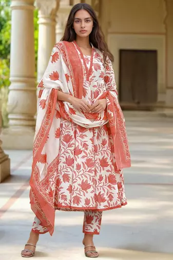 White color cotton slub fabric ethnic reaymade kurta set with dupatta