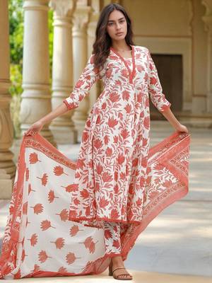 White color cotton slub fabric ethnic reaymade kurta set with dupatta 4