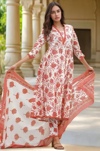 White color cotton slub fabric ethnic reaymade kurta set with dupatta