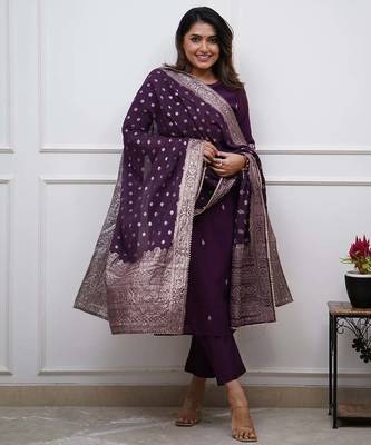 Wine color p v chanderi reaymade kurta set with dupatta 3