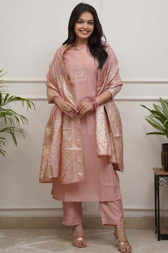 Peach color p v chanderi fabric ethnic reaymade kurta set with dupatta