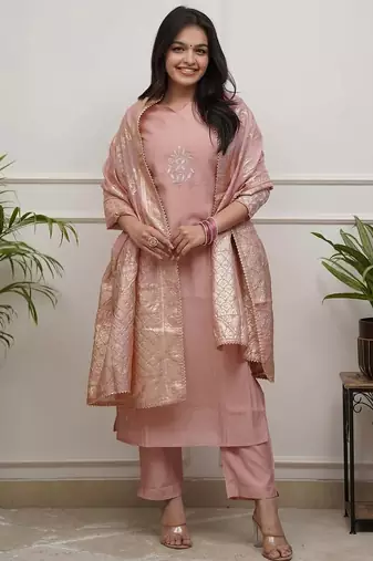 Peach color p v chanderi fabric ethnic reaymade kurta set with dupatta