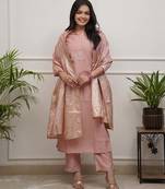 Peach color p v chanderi fabric ethnic reaymade kurta set with dupatta