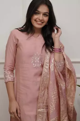Peach color p v chanderi reaymade kurta set with dupatta