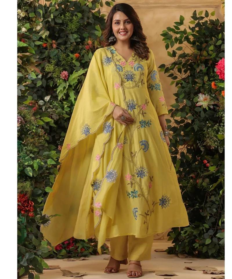 Lemon color viscose chanderi fabric ethnic reaymade kurta set with dupatta
