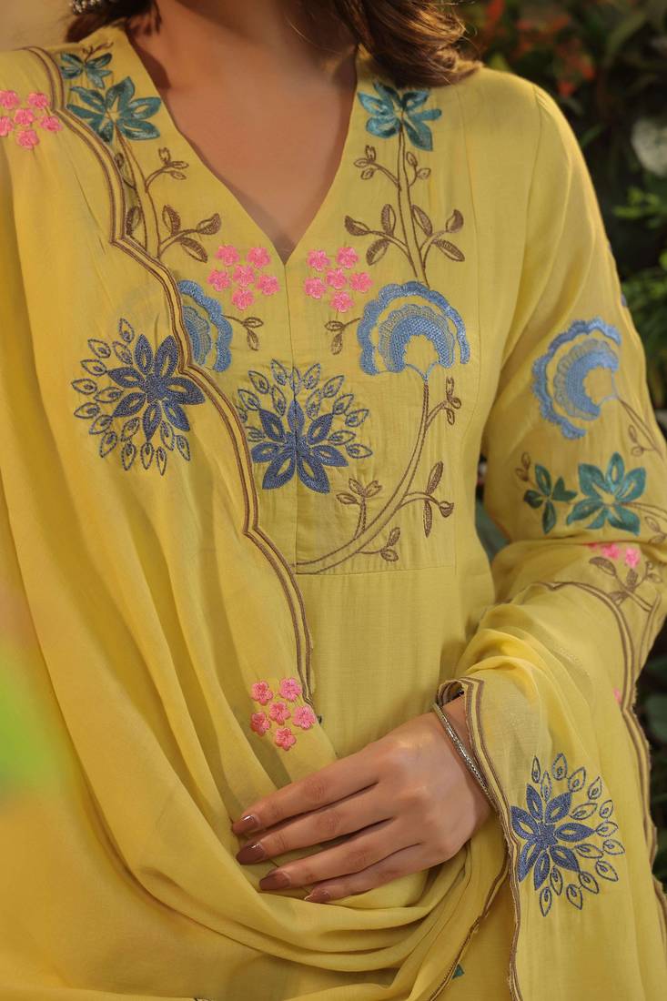 Lemon color viscose chanderi fabric ethnic reaymade kurta set with dupatta