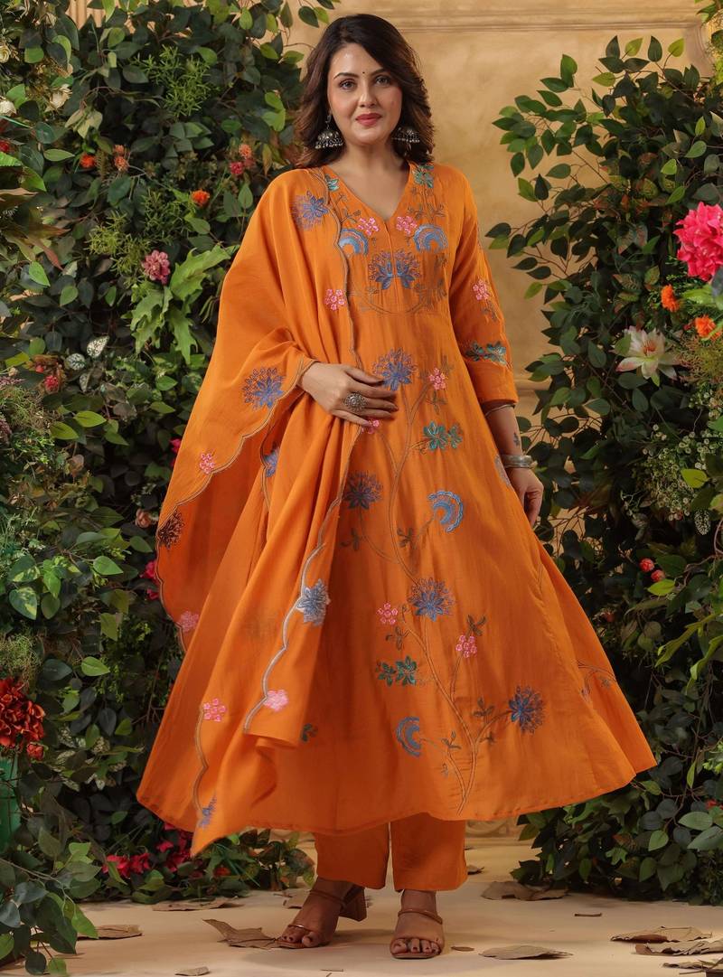 Orange color viscose chanderi fabric ethnic reaymade kurta set with dupatta