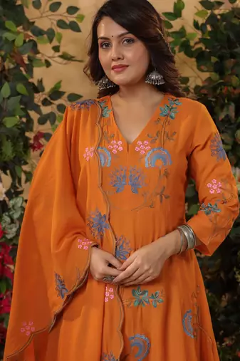 Orange color viscosee chanderi reaymade kurta set with dupatta
