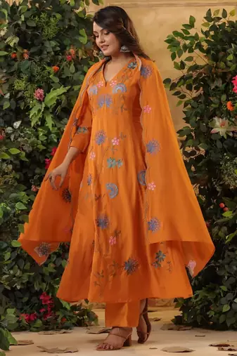Orange color viscosee chanderi reaymade kurta set with dupatta