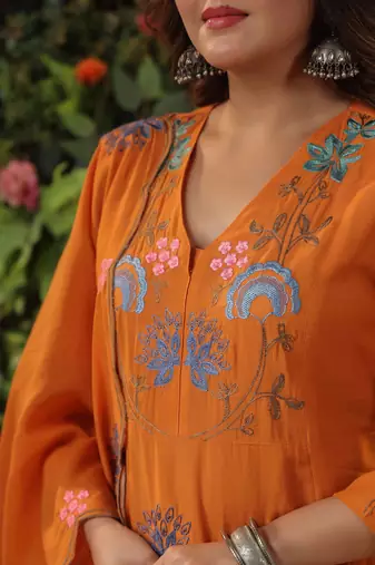 Orange color viscosee chanderi reaymade kurta set with dupatta
