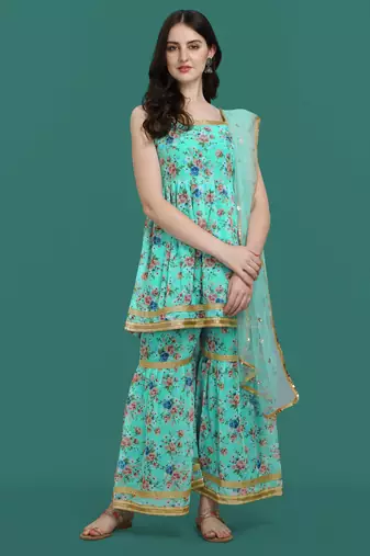 Sea green color georgette fabric ethnic ceremonial sophisticated girlie kurta set