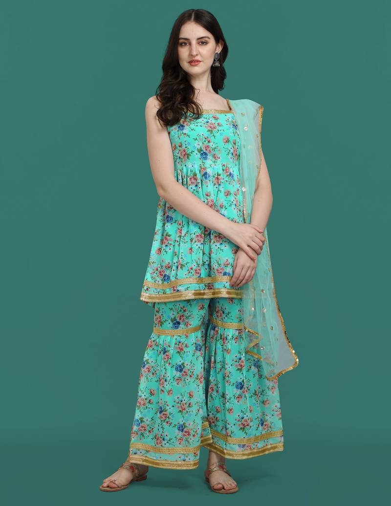 Sea green color georgette fabric ethnic ceremonial sophisticated girlie kurta set