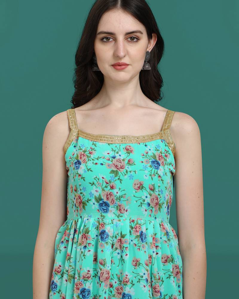 Sea green color georgette fabric ethnic ceremonial sophisticated girlie kurta set