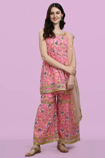 Peach color georgette fabric ethnic ceremonial sophisticated girlie kurta set